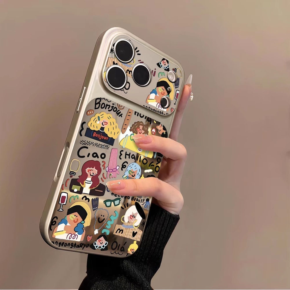 Beige Cartoon Sticker Phone Case - Playful Decorative Cover